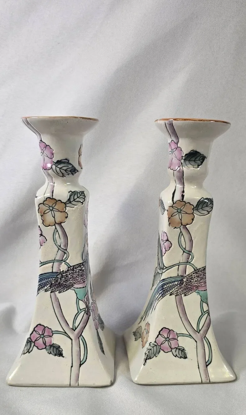 Vintage Hand-Painted Macau Porcelain Candlestick Holders - Floral Chinoiserie Pa